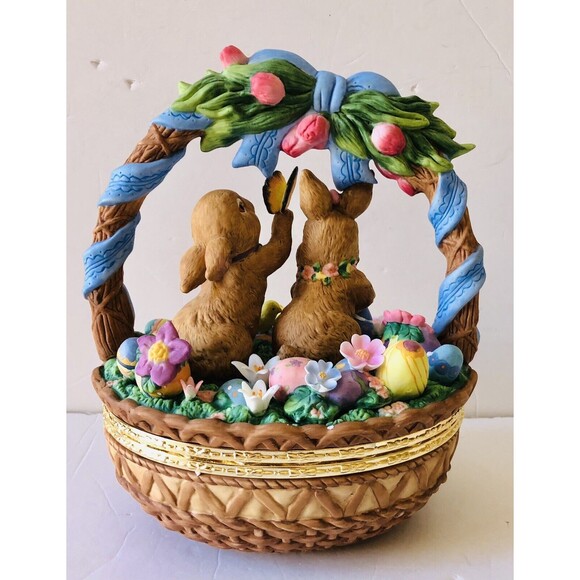 Porcelain Bunny In A Easter Egg Basket Rabbit Chickens Eggs, Flowers 9" Tall - Picture 9 of 12